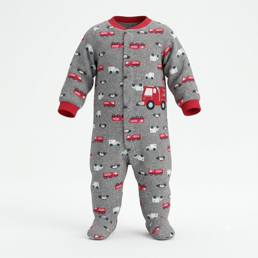 Child of Mine by Carters Baby Boy 6-9M Fleece Fire Truck Footed Pajamas Grey Red